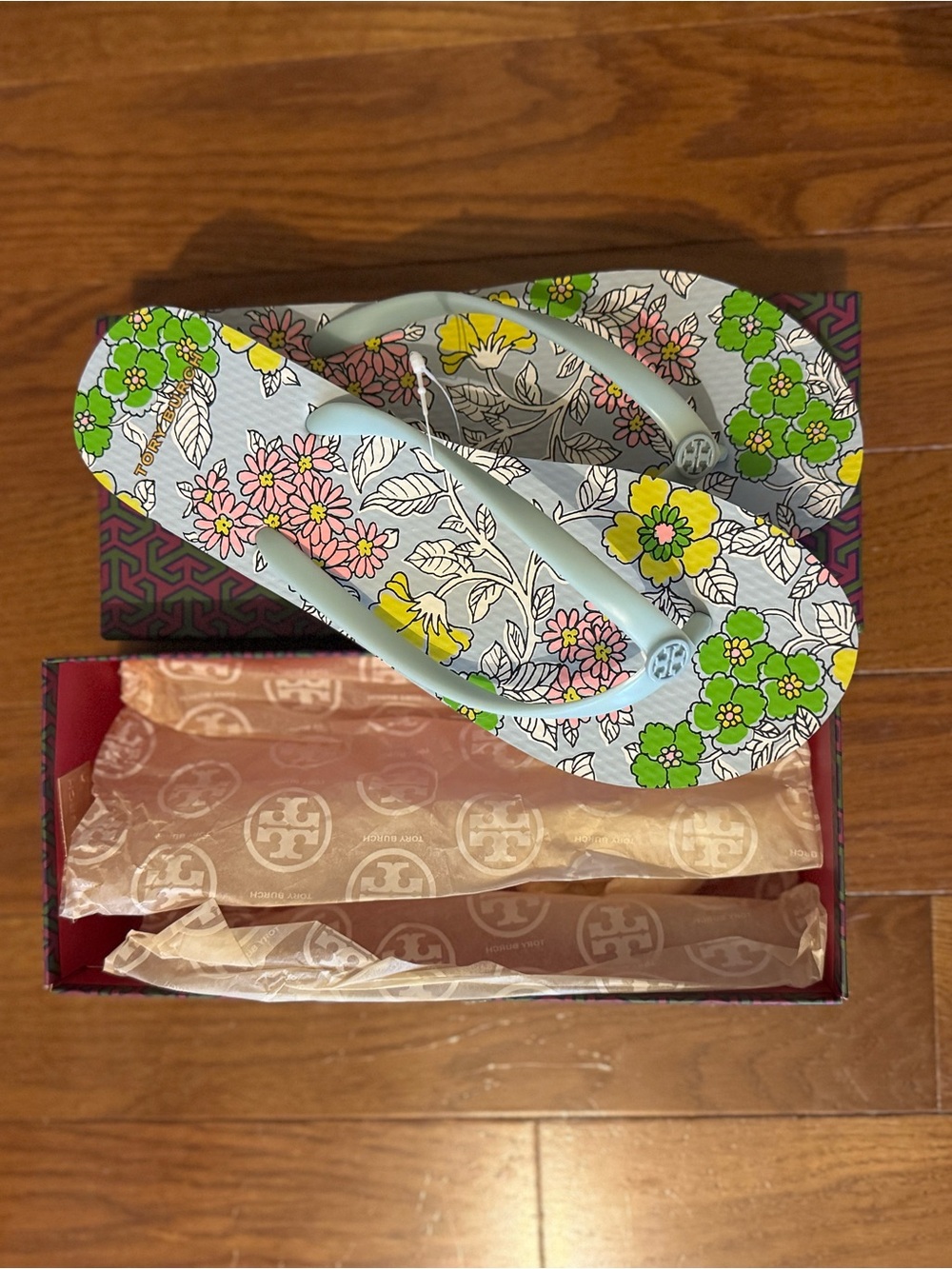Tory Burch Floral Flip Flops with Mint Straps